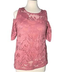 INC Pink Lace Top Blouse Women's Small Cold Shoulder/Short Sleeve